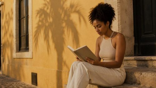 Reader on a sunlit staircase, ochre facade — Heracles Editions, Foreign Rights
